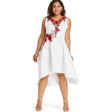 Plus Size Embroidery V Neck Dress (WHITE)