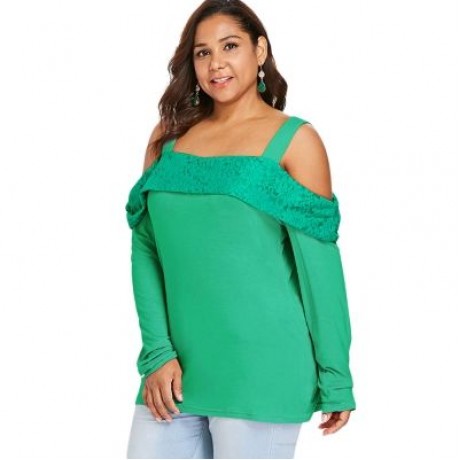 Plus Size Long Sleeve Cut Out Shoulder Wide Strap Top (LIGHT SEA GREEN)