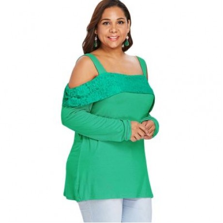 Plus Size Long Sleeve Cut Out Shoulder Wide Strap Top (LIGHT SEA GREEN)