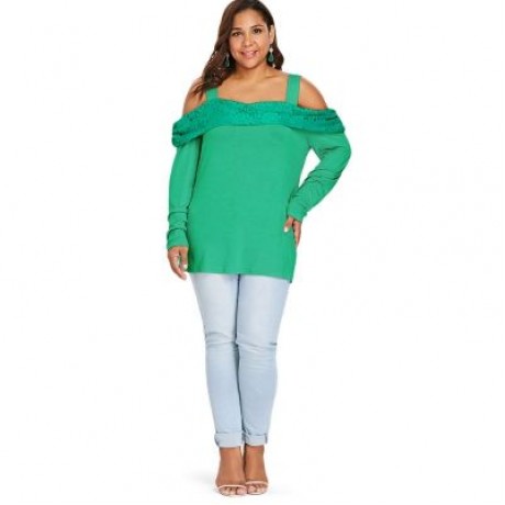 Plus Size Long Sleeve Cut Out Shoulder Wide Strap Top (LIGHT SEA GREEN)