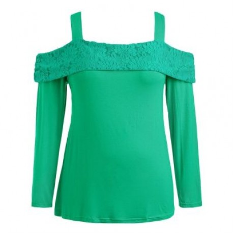 Plus Size Long Sleeve Cut Out Shoulder Wide Strap Top (LIGHT SEA GREEN)