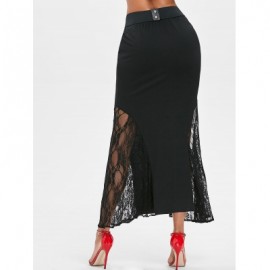 Lace Panel Long Skirt with Belt (BLACK)
