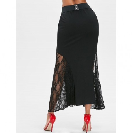 Lace Panel Long Skirt with Belt (BLACK)