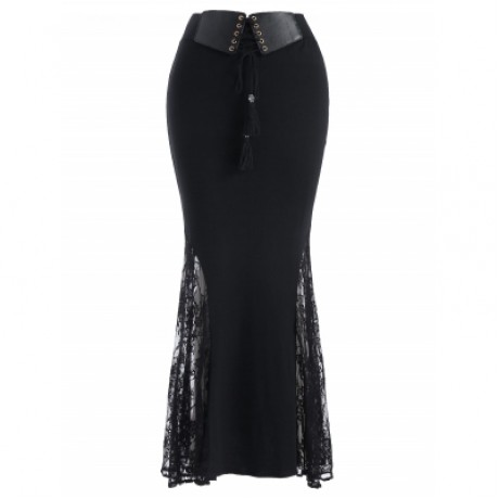 Lace Panel Long Skirt with Belt (BLACK)