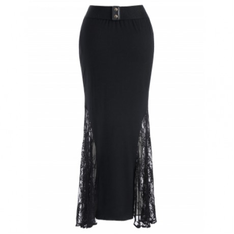 Lace Panel Long Skirt with Belt (BLACK)