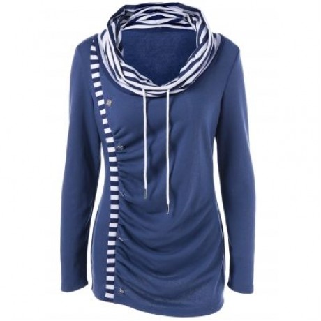 Cowl Neck Striped Trim Ruched T-Shirt (PURPLISH BLUE)