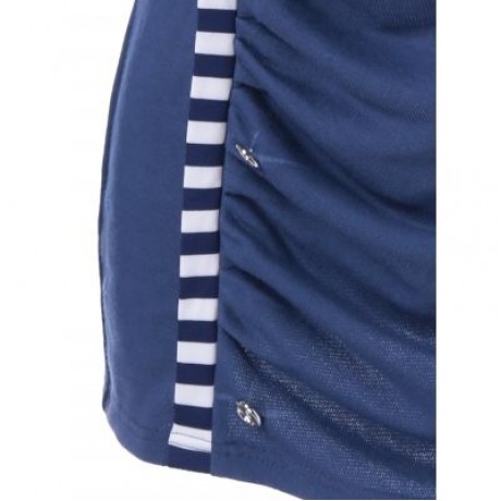 Cowl Neck Striped Trim Ruched T-Shirt (PURPLISH BLUE)