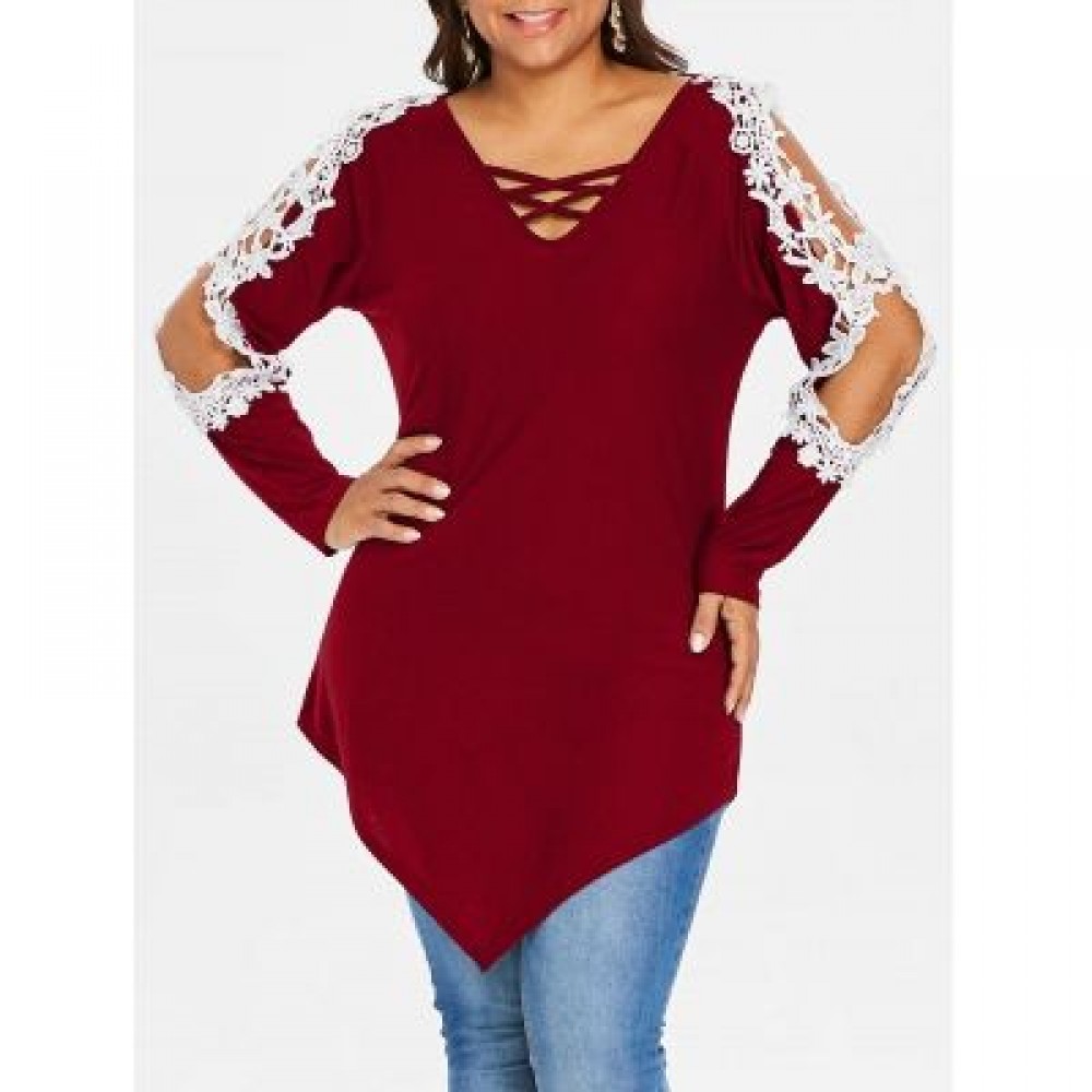 Plus Size Lace Lattice Long Sleeve Top (RED WINE)