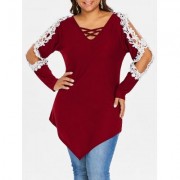 Plus Size Lace Lattice Long Sleeve Top (RED WINE)