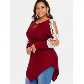 Plus Size Lace Lattice Long Sleeve Top (RED WINE)