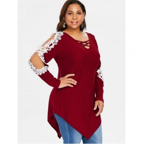 Plus Size Lace Lattice Long Sleeve Top (RED WINE)