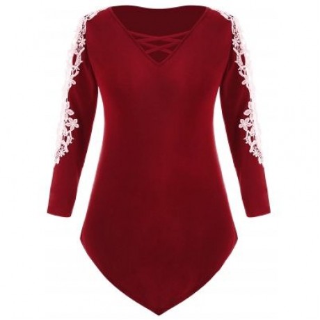 Plus Size Lace Lattice Long Sleeve Top (RED WINE)