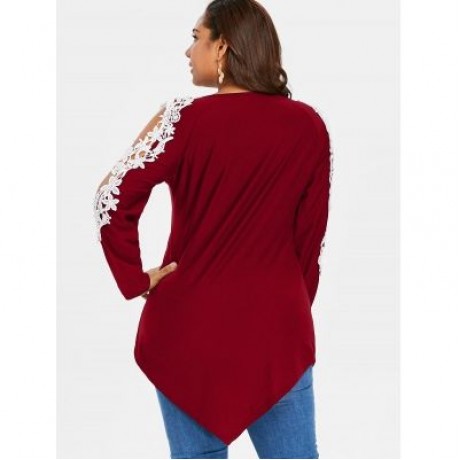 Plus Size Lace Lattice Long Sleeve Top (RED WINE)