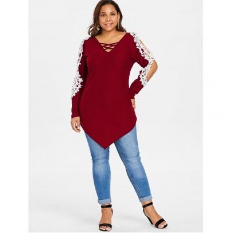 Plus Size Lace Lattice Long Sleeve Top (RED WINE)