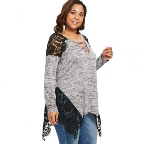 Plus Size Lace Trim V Neck Handkerchief Hem T-shirt (GRAY)