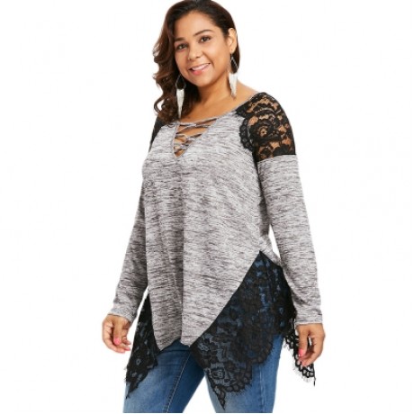 Plus Size Lace Trim V Neck Handkerchief Hem T-shirt (GRAY)