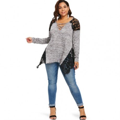 Plus Size Lace Trim V Neck Handkerchief Hem T-shirt (GRAY)