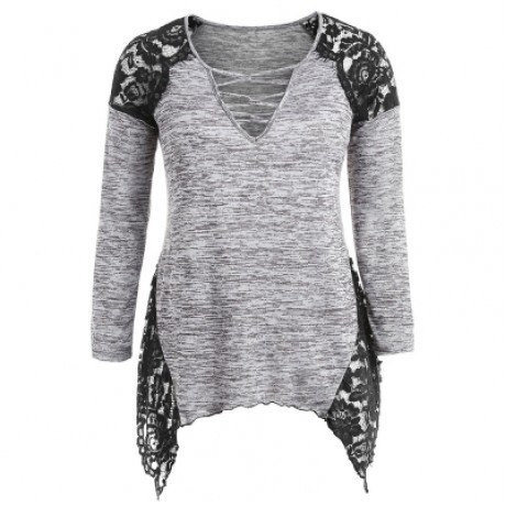 Plus Size Lace Trim V Neck Handkerchief Hem T-shirt (GRAY)