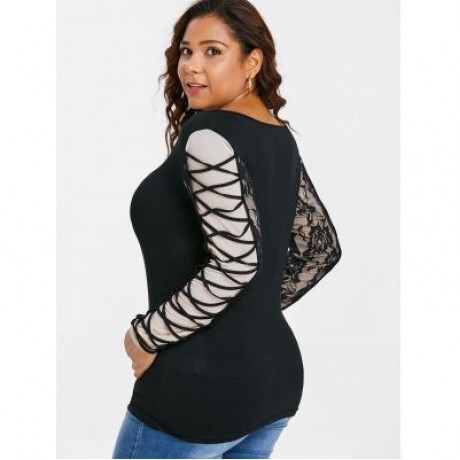 Plus Size Long Sleeve Criss Cross T-shirt (BLACK)