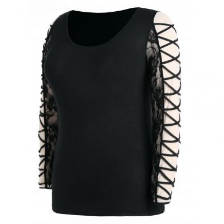 Plus Size Long Sleeve Criss Cross T-shirt (BLACK)