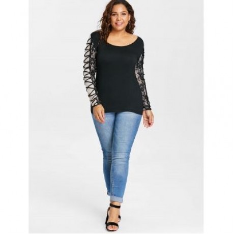 Plus Size Long Sleeve Criss Cross T-shirt (BLACK)