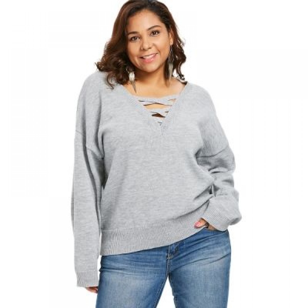 Drop Shoulder Plus Size Criss Cross Sweater (GRAY)