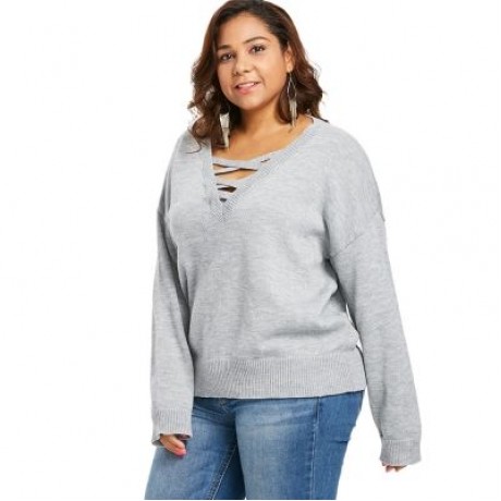 Drop Shoulder Plus Size Criss Cross Sweater (GRAY)