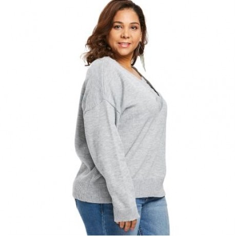 Drop Shoulder Plus Size Criss Cross Sweater (GRAY)