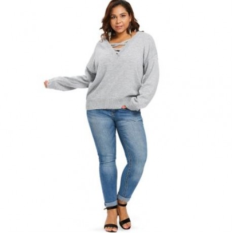 Drop Shoulder Plus Size Criss Cross Sweater (GRAY)