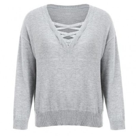 Drop Shoulder Plus Size Criss Cross Sweater (GRAY)