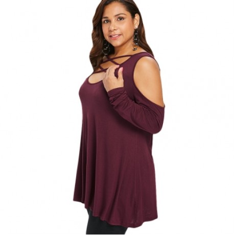 Plus Size U Neck Criss Cross Open Shulder T-shirt (RED WINE)