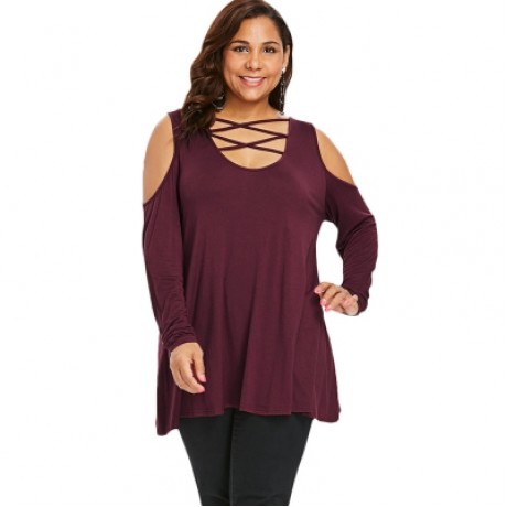 Plus Size U Neck Criss Cross Open Shulder T-shirt (RED WINE)