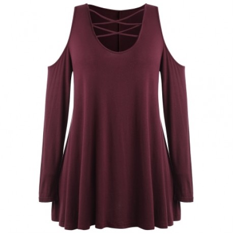Plus Size U Neck Criss Cross Open Shulder T-shirt (RED WINE)