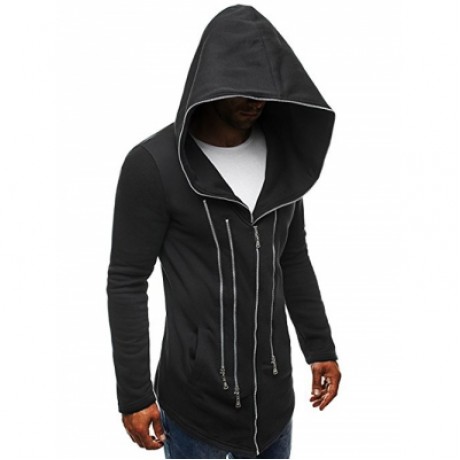 MULTI ZIPPER EMBELLISHED SOLID COLOR HOODED JACKET (BLACK)