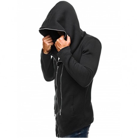 MULTI ZIPPER EMBELLISHED SOLID COLOR HOODED JACKET (BLACK)