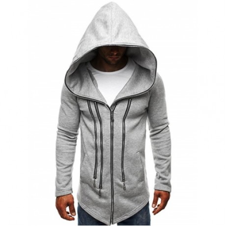 MULTI ZIPPER EMBELLISHED SOLID COLOR HOODED JACKET (LIGHT GRAY)