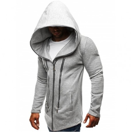 MULTI ZIPPER EMBELLISHED SOLID COLOR HOODED JACKET (LIGHT GRAY)