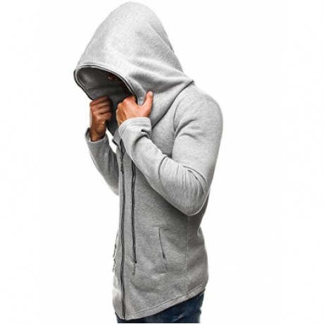 MULTI ZIPPER EMBELLISHED SOLID COLOR HOODED JACKET (LIGHT GRAY)
