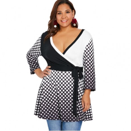 Plus Size Long Sleeve Polka Dot Deep V Neck Surplice T-shirt (BLACK)