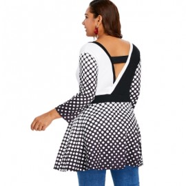 Plus Size Long Sleeve Polka Dot Deep V Neck Surplice T-shirt (BLACK)