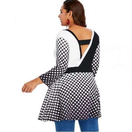 Plus Size Long Sleeve Polka Dot Deep V Neck Surplice T-shirt (BLACK)