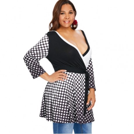 Plus Size Long Sleeve Polka Dot Deep V Neck Surplice T-shirt (BLACK)