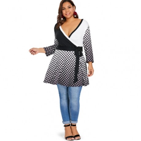 Plus Size Long Sleeve Polka Dot Deep V Neck Surplice T-shirt (BLACK)