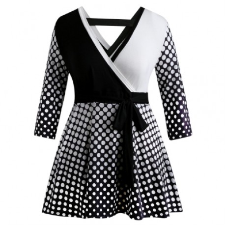 Plus Size Long Sleeve Polka Dot Deep V Neck Surplice T-shirt (BLACK)