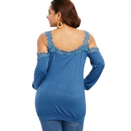 Plus Size V Neck Cold Shoulder Lace Trim T-shirt (BLUE)