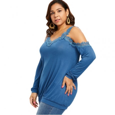 Plus Size V Neck Cold Shoulder Lace Trim T-shirt (BLUE)