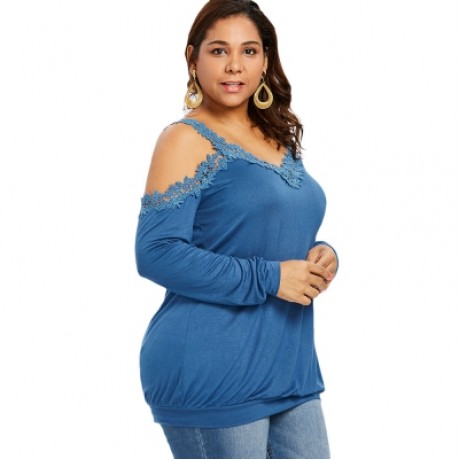Plus Size V Neck Cold Shoulder Lace Trim T-shirt (BLUE)