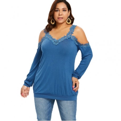 Plus Size V Neck Cold Shoulder Lace Trim T-shirt (BLUE)