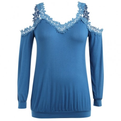 Plus Size V Neck Cold Shoulder Lace Trim T-shirt (BLUE)