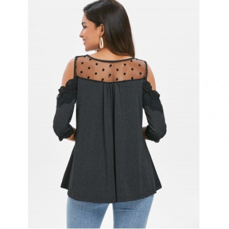Lace Trim Cut Out Shoulder Blouse (BLACK)